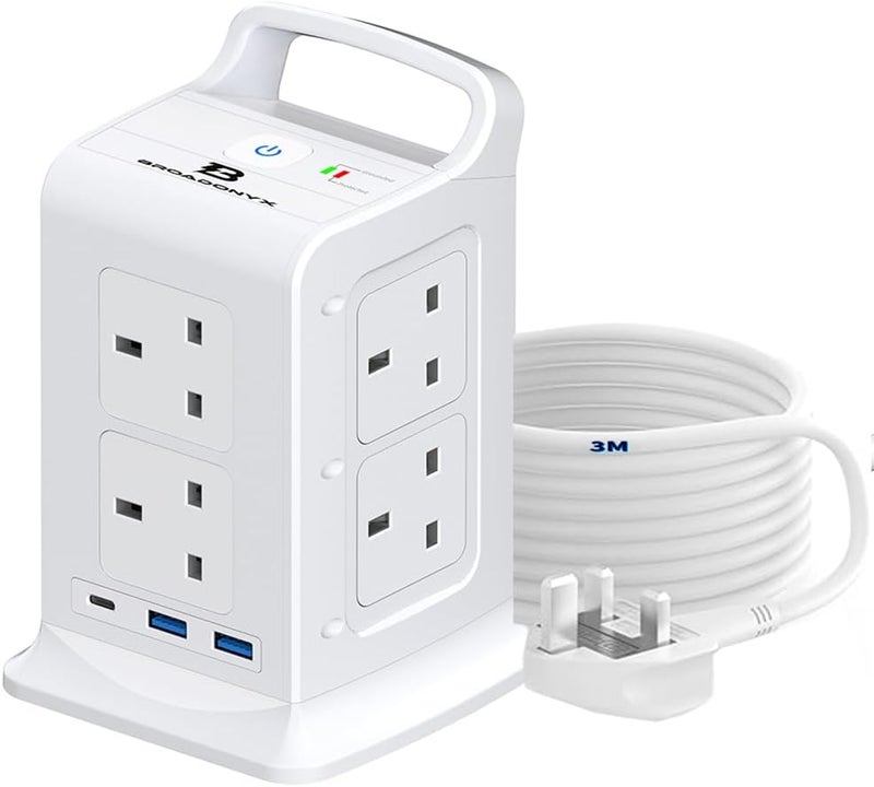 BROADONYX Extension Cord with USB and type C 3 Meter long power Extension cord Power Strip Multiple Plug Heavy Duty 20w Extension Lead 3250W 13A 250V With Surge Protector تمشترك كهرباء توصيلة كهرباء 3 متر - Image 1