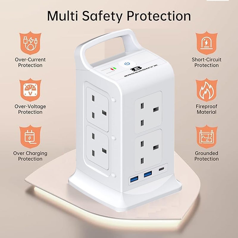 BROADONYX Extension Cord with USB and type C 3 Meter long power Extension cord Power Strip Multiple Plug Heavy Duty 20w Extension Lead 3250W 13A 250V With Surge Protector تمشترك كهرباء توصيلة كهرباء 3 متر - Image 2