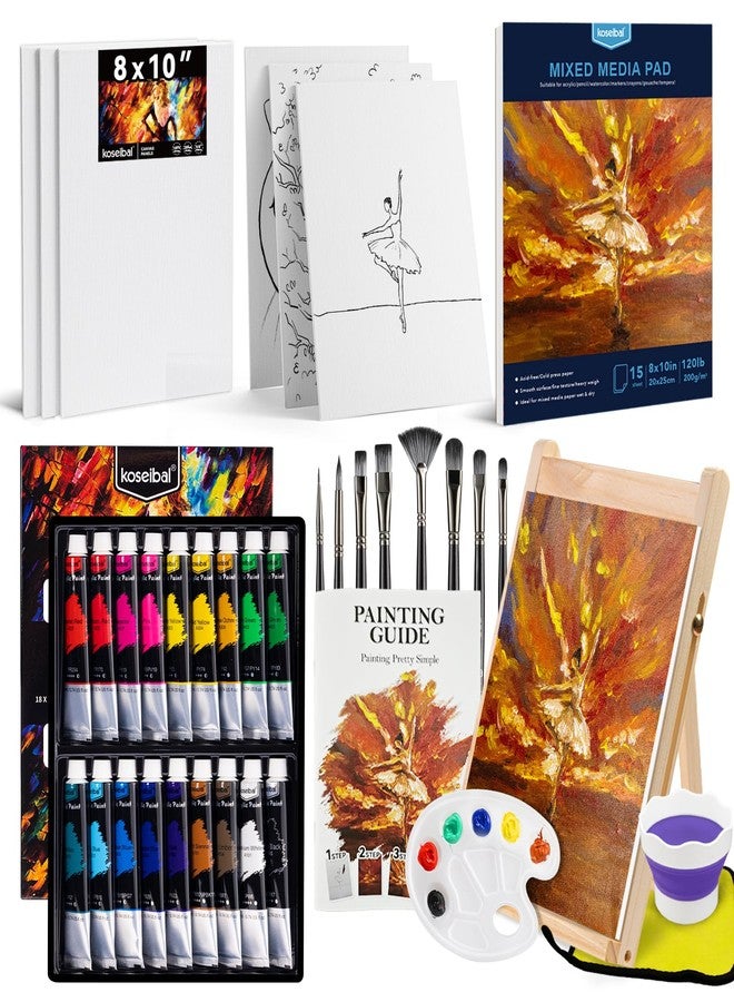 Koseibal Acrylic Painting Kit - 37PCS Set with 18 Colors, 8 Brushes, 6 Canvas Panels, Wooden Easel, Palette, Painting Pad, Cleaning Cup, Cloth - for Kids & Adults - Image 1