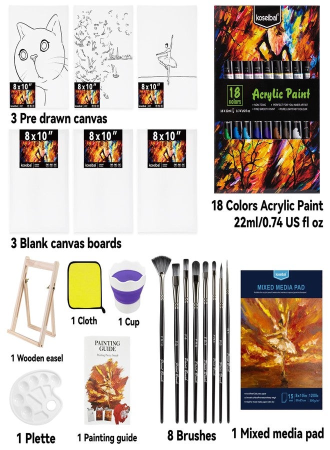 Koseibal Acrylic Painting Kit - 37PCS Set with 18 Colors, 8 Brushes, 6 Canvas Panels, Wooden Easel, Palette, Painting Pad, Cleaning Cup, Cloth - for Kids & Adults - Image 2