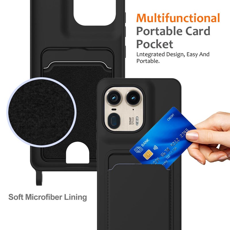 erorex For Motorola Edge 50 Ultra Integrated Card Bag Solid Color Liquid Silicone Phone Case with Lanyard(Black) - Image 3