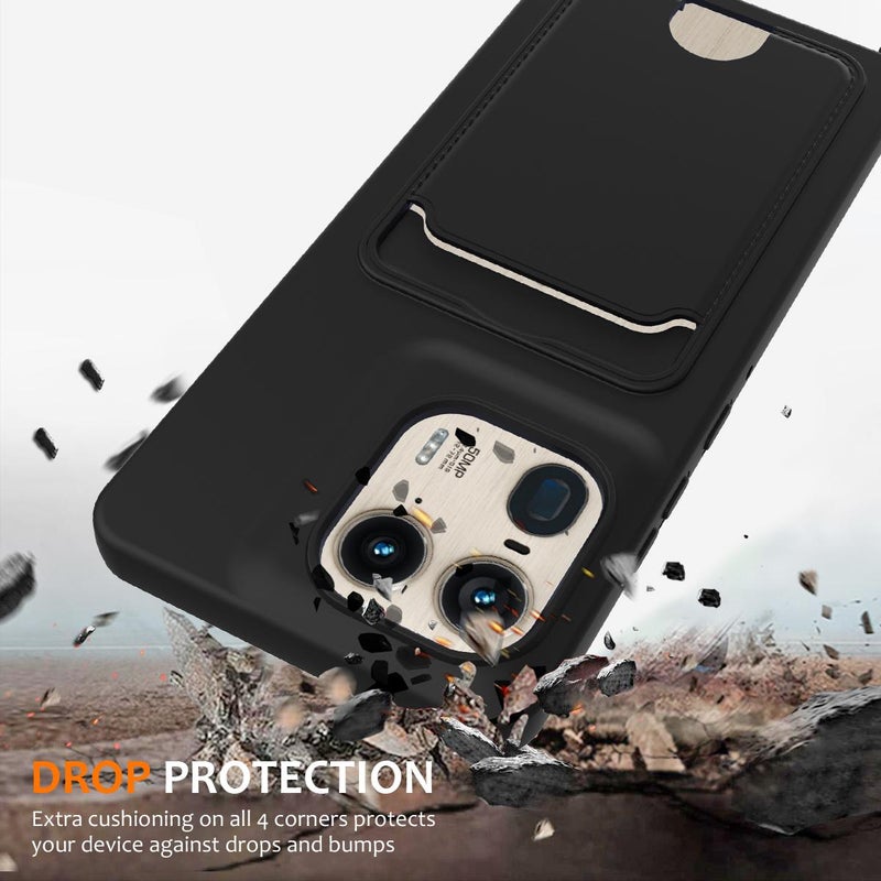 erorex For Motorola Edge 50 Ultra Integrated Card Bag Solid Color Liquid Silicone Phone Case with Lanyard(Black) - Image 2