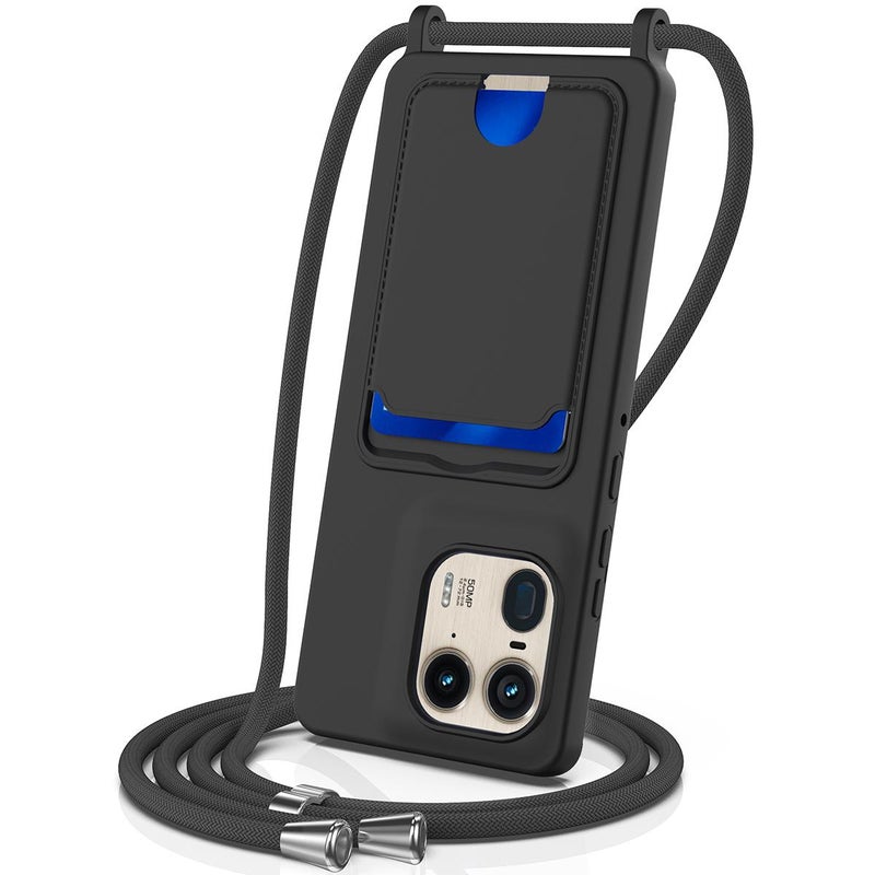 erorex For Motorola Edge 50 Ultra Integrated Card Bag Solid Color Liquid Silicone Phone Case with Lanyard(Black) - Image 1