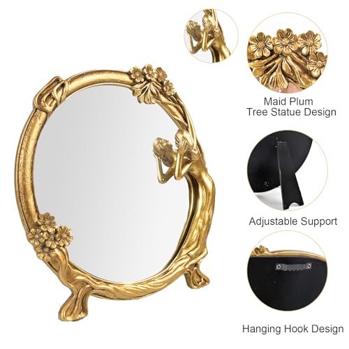 Nerien Vintage Gold Mirror Wall Decor - Small Vanity Mirrors, Antique Decorative for Desk Room, Frame Arched Victorian Decoration for Home Table, Standing Framed Art Gift for Furniture Living Bedroom, Oval - Image 3