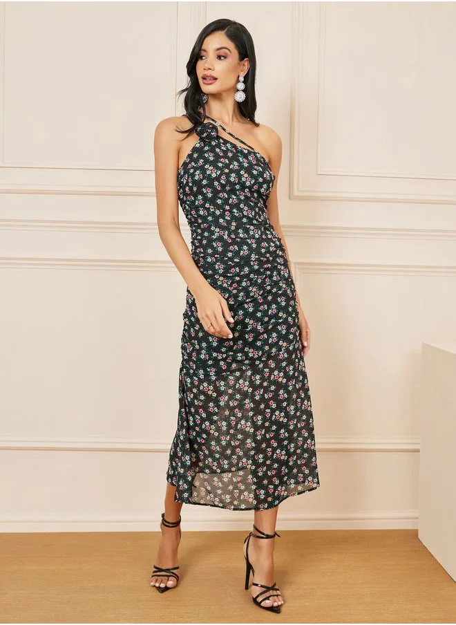 Styli Ditsy Print One Shoulder Sheath Maxi Dress