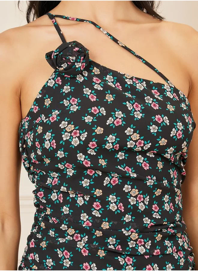Styli Ditsy Print One Shoulder Sheath Maxi Dress