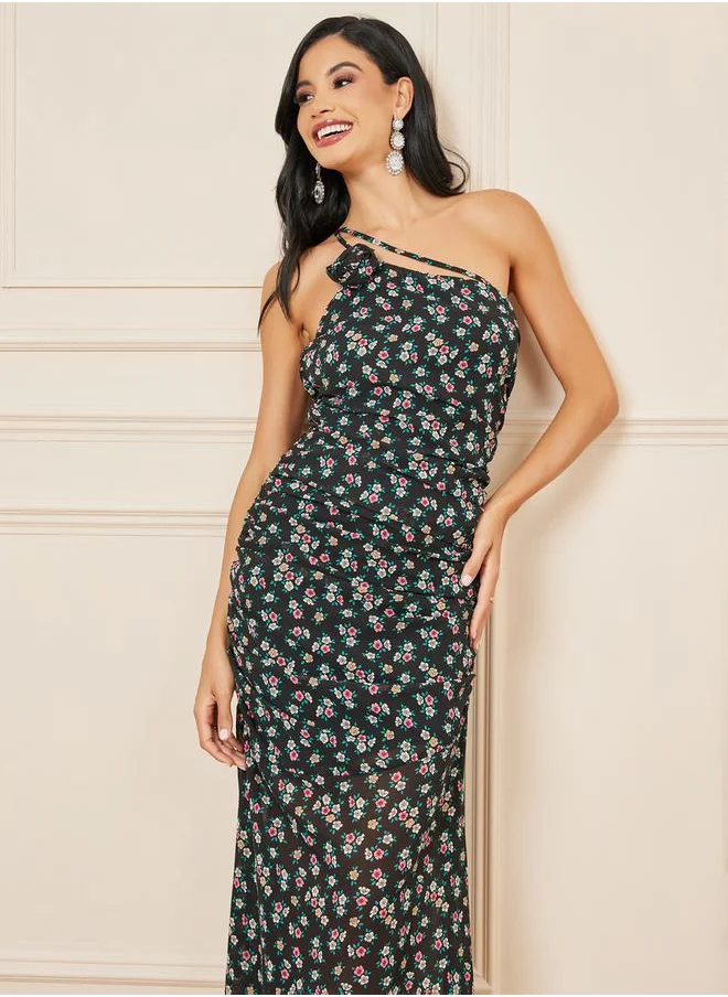 Styli Ditsy Print One Shoulder Sheath Maxi Dress