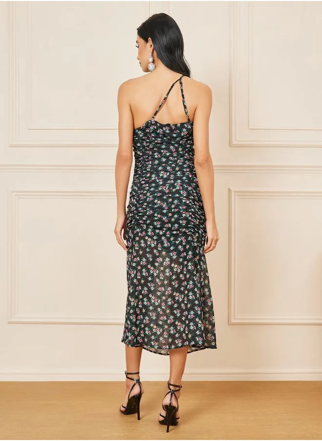 Styli Ditsy Print One Shoulder Sheath Maxi Dress
