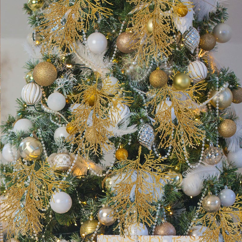 Winlyn 15 Pcs Gold Glitter Artificial Cedar Sprigs Picks Faux Cedar Branches Stems Christmas Tree Picks Sprays 15.4"" H for Gold Christmas Tree Wreath Wedding Bouquet Winter Seasonal Holiday Decoration - Image 3