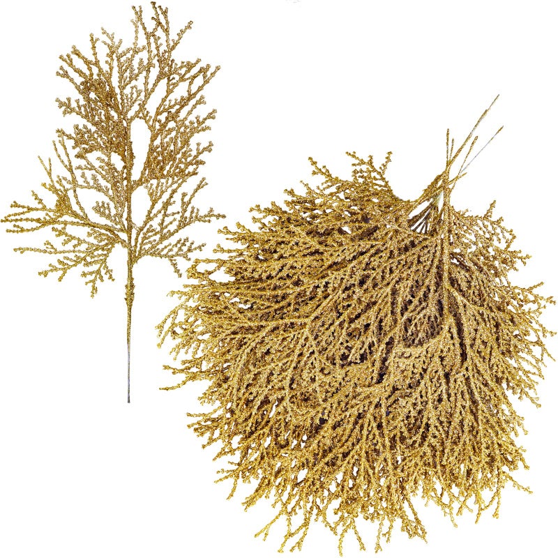 Winlyn 15 Pcs Gold Glitter Artificial Cedar Sprigs Picks Faux Cedar Branches Stems Christmas Tree Picks Sprays 15.4"" H for Gold Christmas Tree Wreath Wedding Bouquet Winter Seasonal Holiday Decoration - Image 1