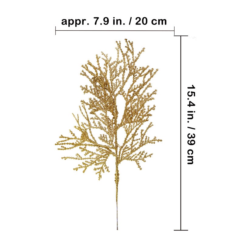 Winlyn 15 Pcs Gold Glitter Artificial Cedar Sprigs Picks Faux Cedar Branches Stems Christmas Tree Picks Sprays 15.4"" H for Gold Christmas Tree Wreath Wedding Bouquet Winter Seasonal Holiday Decoration - Image 2