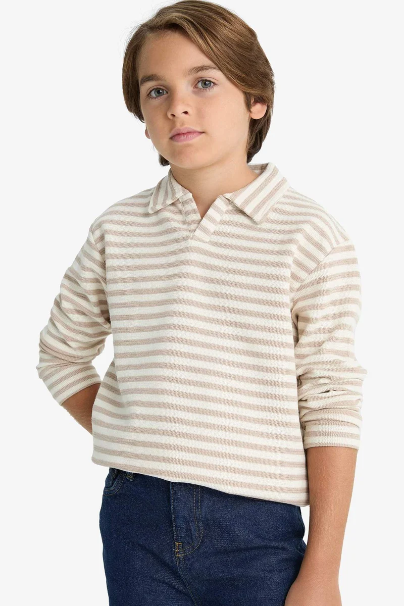 ديفاكتو Boy Long Sleeve Striped Polo T-Shirt