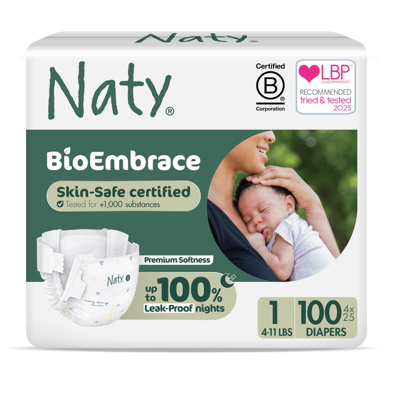 Naty BioEmbrace Baby Newborn Diapers Sensitive Skin Safe Certified Leak Protection up to 100 PlantBased Teddy Softness Premium Comfort ChlorineFree Size 1 411 lbs 100 Count - Image 2
