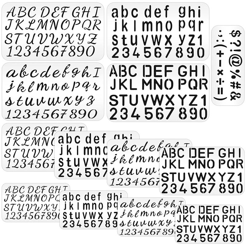 Dequera 13 Pieces Letter Number Stencils Alphabet Stencils Plastic Sign Templates Reusable Letter Stencils for Painting on Wood Cursive Regular Letter Templates for Wood Wall DIY Art Projects 4 Sizes
