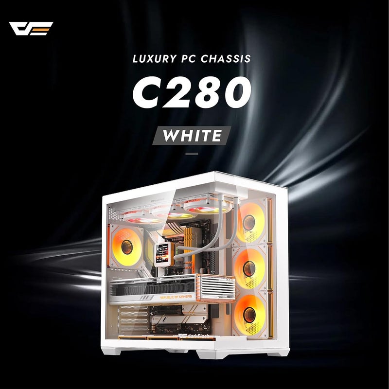 خزانة ألعاب كمبيوتر من نوع darkFlash C280 E-ATX متوسطة الحجم، تحتوي على 7 مراوح ARGB، زجاج مقوى بزاوية 270 درجة، متوافقة مع اللوحات الأم ذات التوصيل العكسي، تدعم كرت الشاشة RTX 5090 بطول يصل إلى 420 مم، تدعم المراوح ذات الحجم 360 مم، لون أبيض. - Image 2