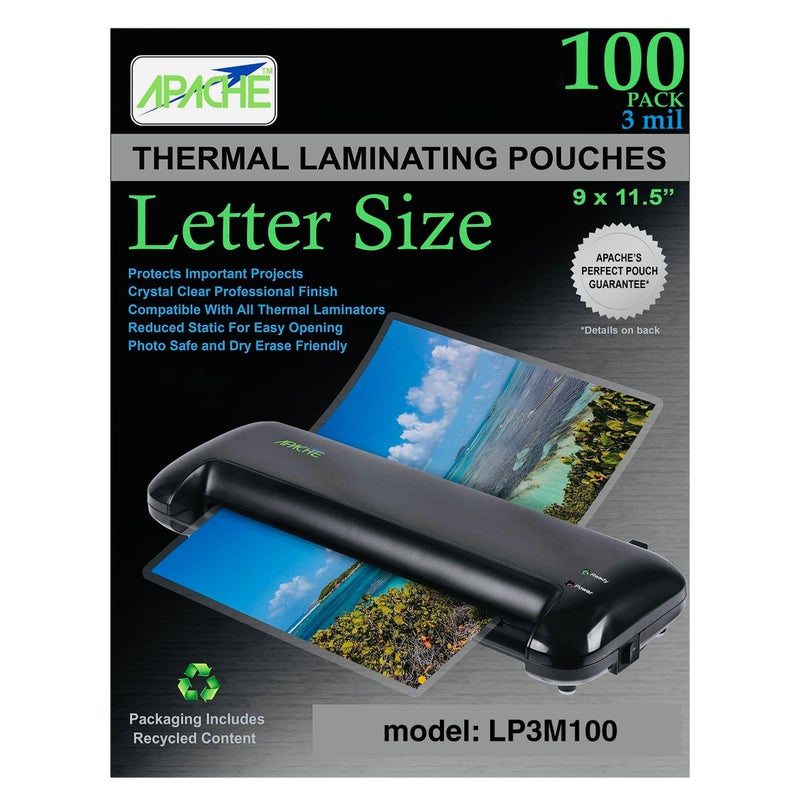 Apache 100 Pack Laminating Pouches 3 mil, Holds 8.5 x 11 Inch Letter Size (9 x 11.5 Inch Sheets), Office and School Supplies, Thermal Laminating Sheets, Super Clear, Round Corner