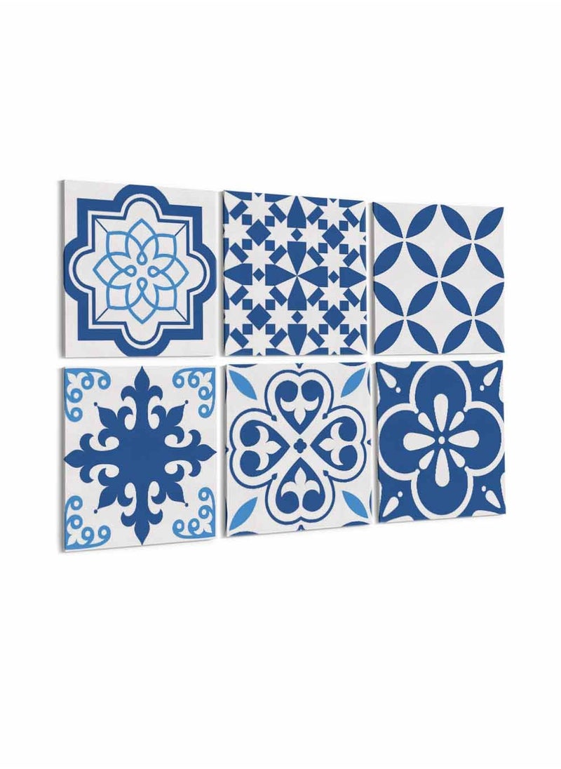 LOWHA Set Of 6 Framed Square Canvas Wall Arts Stretched Over Wooden Frame, Portuguese Azulejo Style Painting, For Home, Living Room, Office Decor  - Image 1