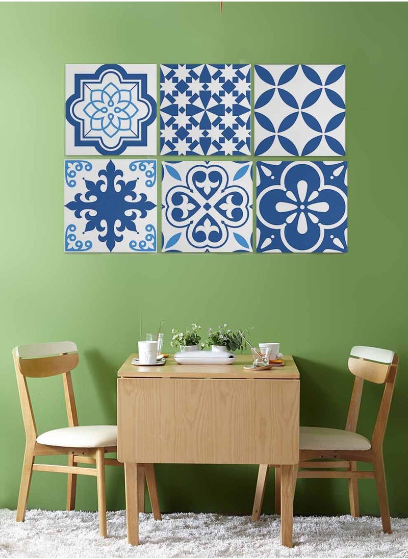 LOWHA Set Of 6 Framed Square Canvas Wall Arts Stretched Over Wooden Frame, Portuguese Azulejo Style Painting, For Home, Living Room, Office Decor  - Image 2