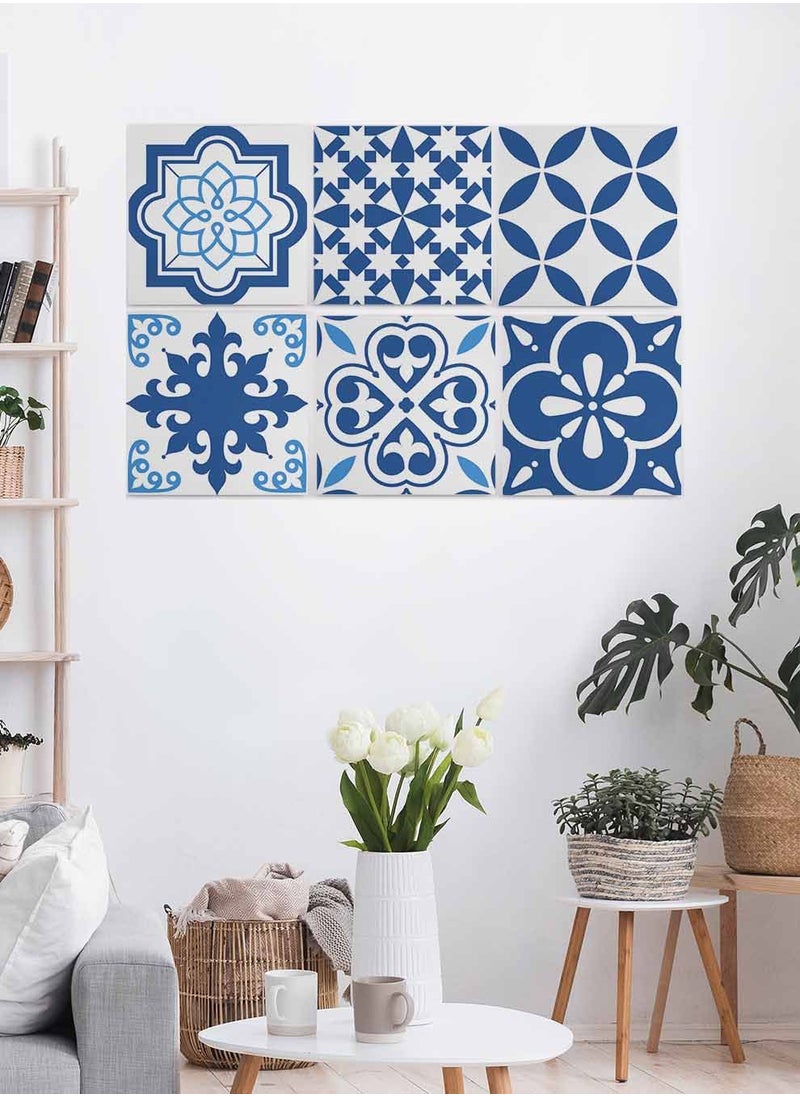 LOWHA Set Of 6 Framed Square Canvas Wall Arts Stretched Over Wooden Frame, Portuguese Azulejo Style Painting, For Home, Living Room, Office Decor  - Image 4