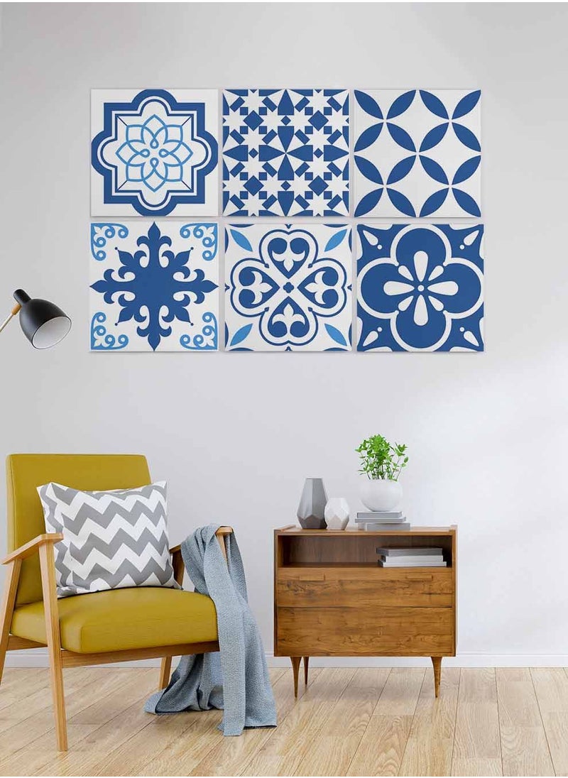LOWHA Set Of 6 Framed Square Canvas Wall Arts Stretched Over Wooden Frame, Portuguese Azulejo Style Painting, For Home, Living Room, Office Decor  - Image 3