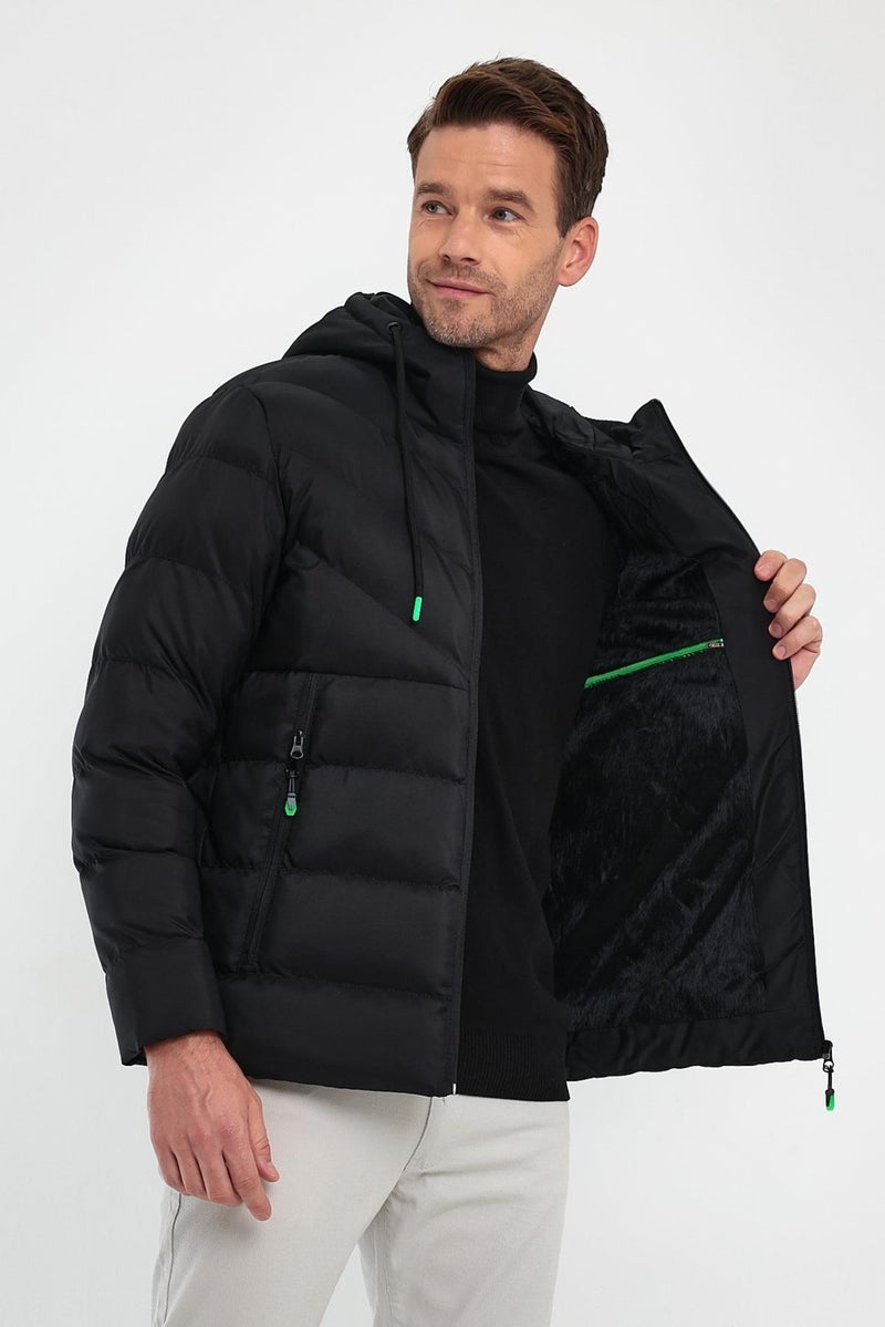 Sivaist Men's Black Standard Fit Regular Cut Fur Lined Fixed Hood Stand Collar Coat  - Image 2