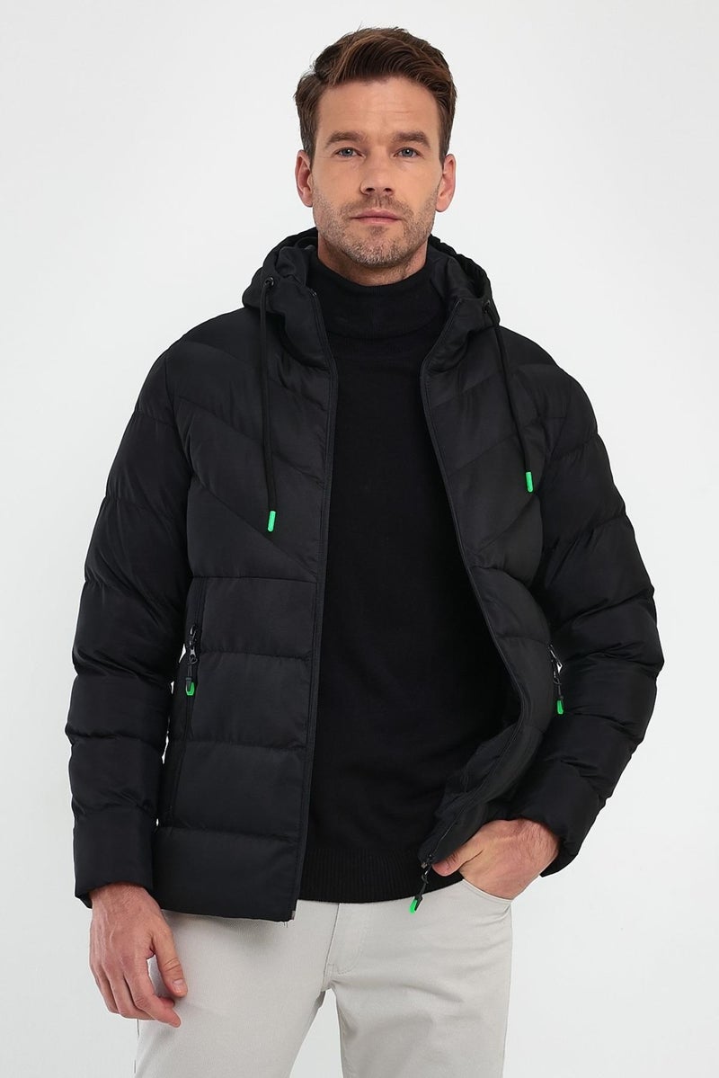 Sivaist Men's Black Standard Fit Regular Cut Fur Lined Fixed Hood Stand Collar Coat  - Image 1