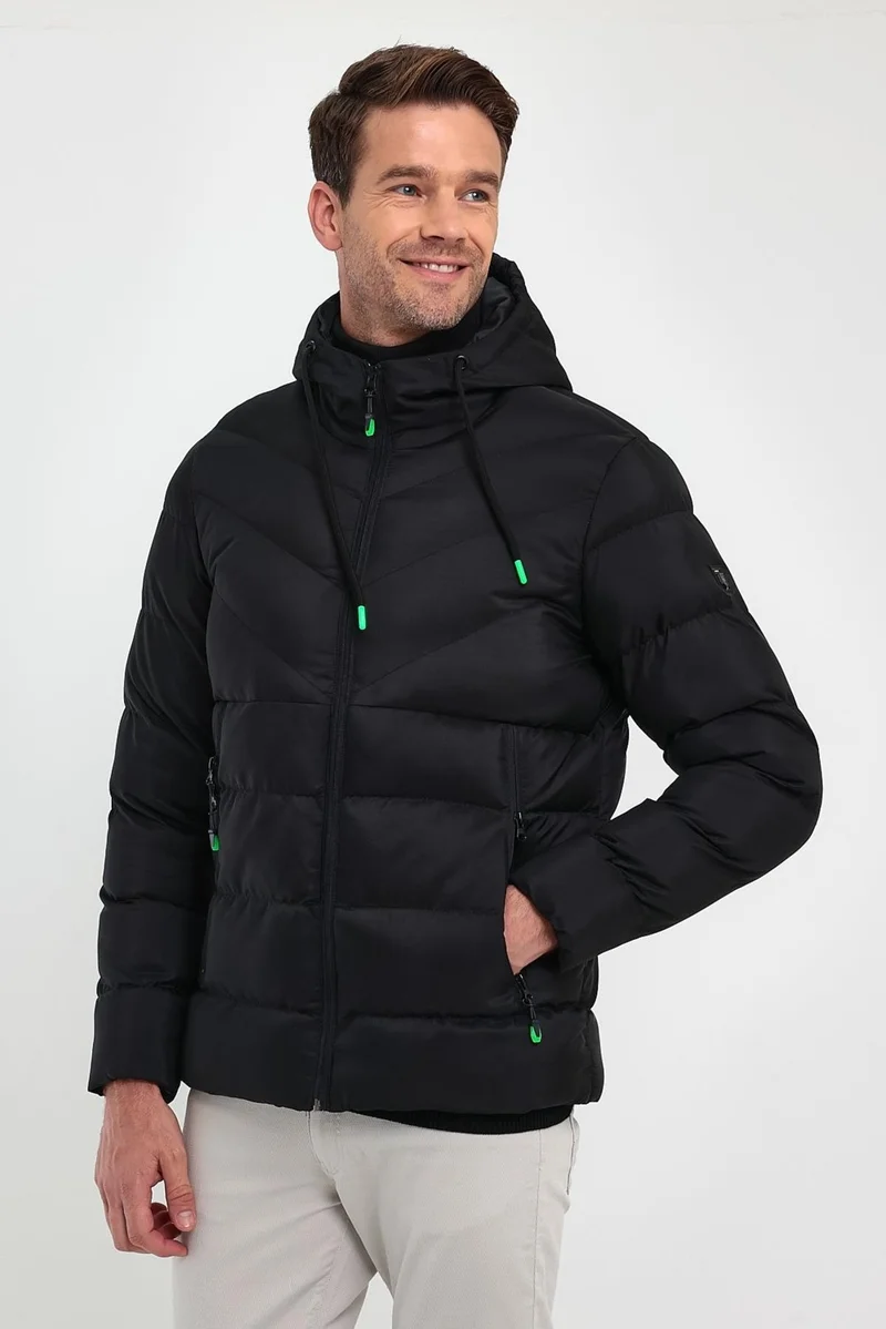 Sivaist Men's Black Standard Fit Regular Cut Fur Lined Fixed Hood Stand Collar Coat