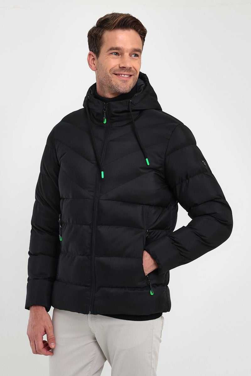 Sivaist Men's Black Standard Fit Regular Cut Fur Lined Fixed Hood Stand Collar Coat  - Image 4