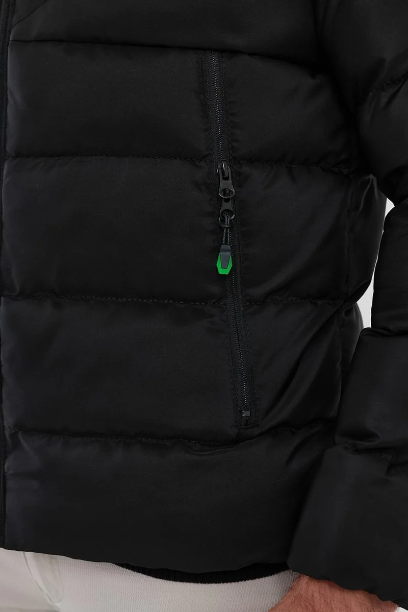 Sivaist Men's Black Standard Fit Regular Cut Fur Lined Fixed Hood Stand Collar Coat