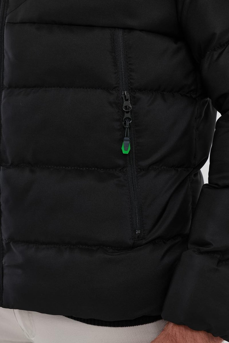 Sivaist Men's Black Standard Fit Regular Cut Fur Lined Fixed Hood Stand Collar Coat  - Image 5