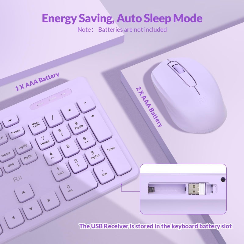 RII Wireless Keyboard and Mouse Combo - Rii Standard Office PC Keyboard and Optical Wireless Mice (Purple) - Image 3