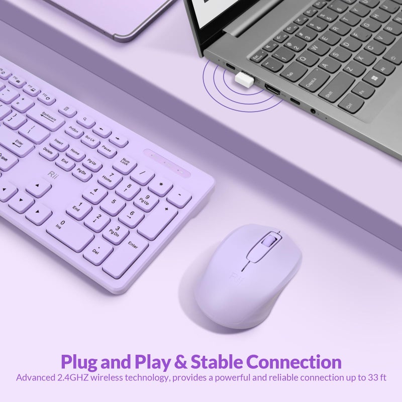 RII Wireless Keyboard and Mouse Combo - Rii Standard Office PC Keyboard and Optical Wireless Mice (Purple) - Image 2