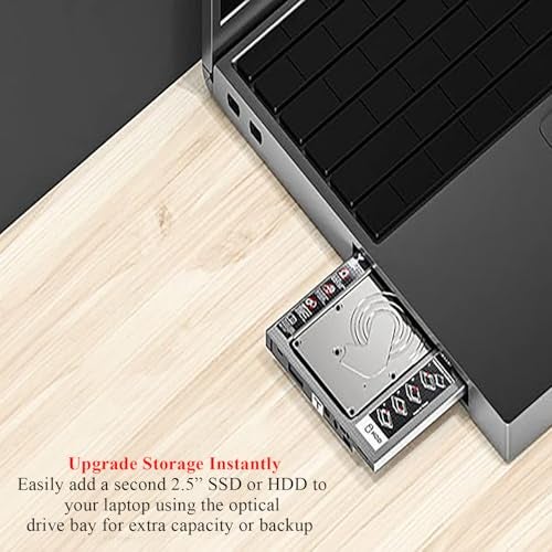 PremiumAV 12.7mm SATA HDD Caddy for Laptop – 2.5 Inch SSD/HDD to Optical Bay Adapter Tray with Screwdriver – Tool-Free Install, Aluminum Frame, SATA 3 Interface for Second Hard Drive Expansion - Image 2