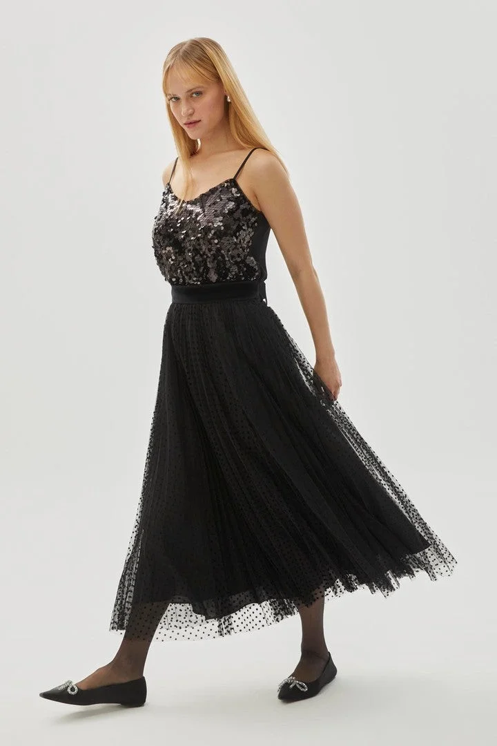 EXQUISE Regular Black Tulle Skirt with Polka Dot Velvet Details
