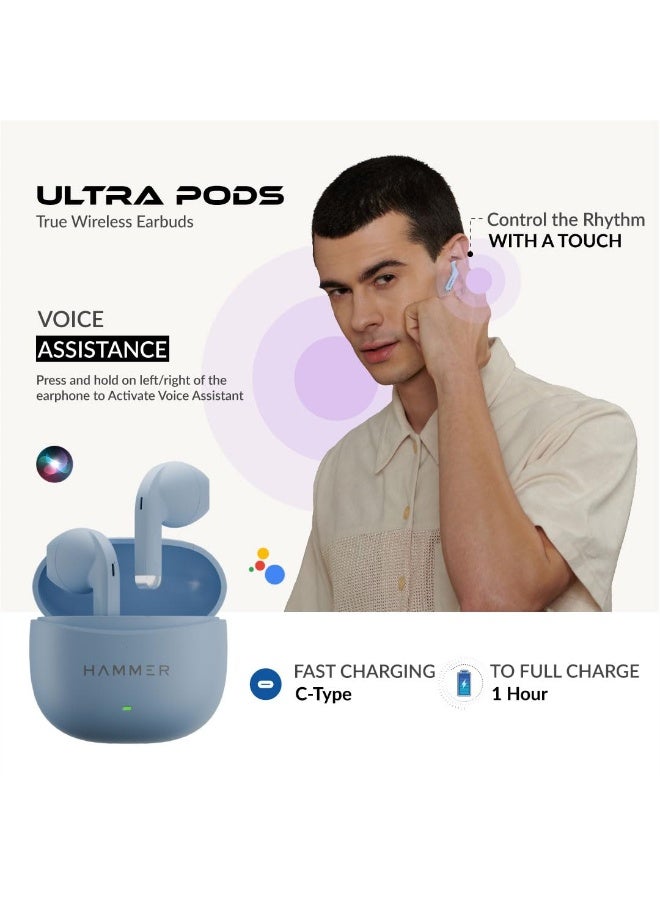 Hammer Renewed - HAMMER HTWS003 2025 TWS Wireless Bluetooth Earbuds with Inbuilt Mic, 100H Standby Time, 30H Playtime, USB Type-C, 13mm Dynamic Drivers, IPX5 Water-Resistant Earphones (Blue) - Image 3