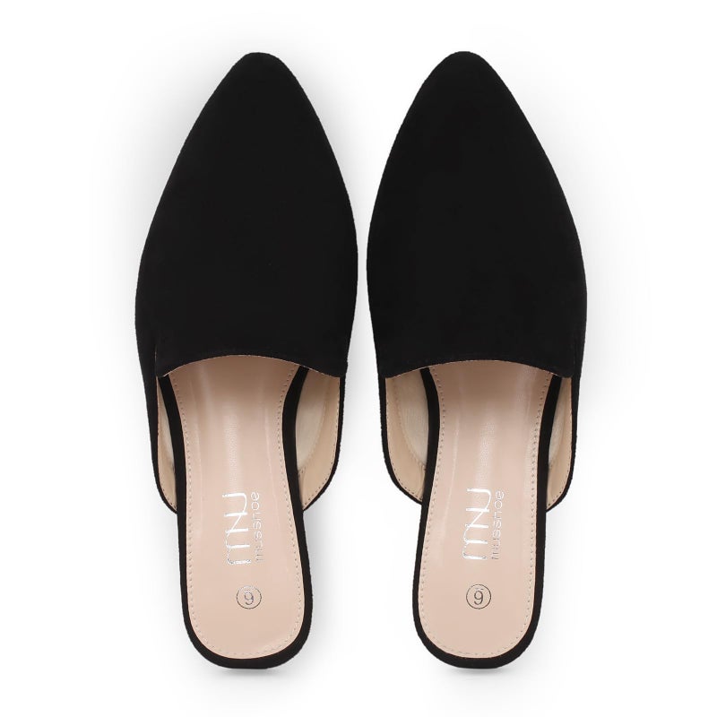 MUSSHOE Pointed Toe Mules for Women: Comfortable Slip On Flats with Soft Memory Foam - Non-Slip Lightweight Backless Loafers for Office Work & Business Casual,Black Suede 8 - Image 1