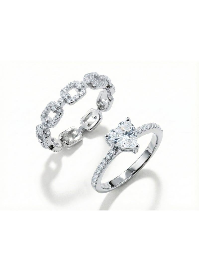 LAVEEN JEWELLERY Heart Solitaire & Pavé Chain Ring Set – 925 Sterling Silver, 18K Gold Plated, Cubic Zirconia, Stackable Luxury Rings for Women with Jewelry Box - Image 1