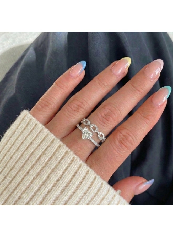 LAVEEN JEWELLERY Heart Solitaire & Pavé Chain Ring Set – 925 Sterling Silver, 18K Gold Plated, Cubic Zirconia, Stackable Luxury Rings for Women with Jewelry Box - Image 2