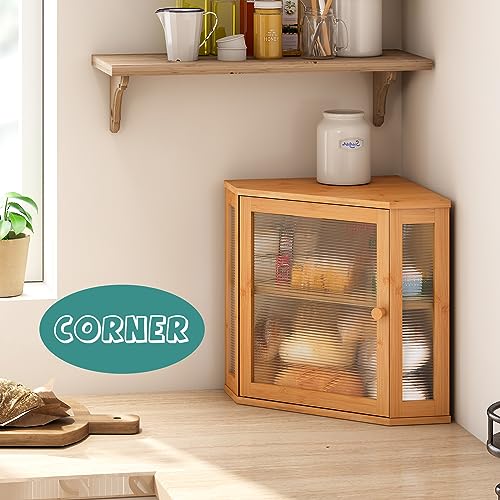 viewcare Corner Bread Box for Kitchen Counter, Bamboo Wood Large Capacity Bread Storage Bin with Acrylic Wavy Door Panel (Natural, Meduim) - Image 2