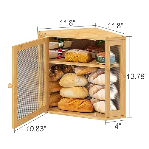 viewcare Corner Bread Box for Kitchen Counter, Bamboo Wood Large Capacity Bread Storage Bin with Acrylic Wavy Door Panel (Natural, Meduim) - Image 5