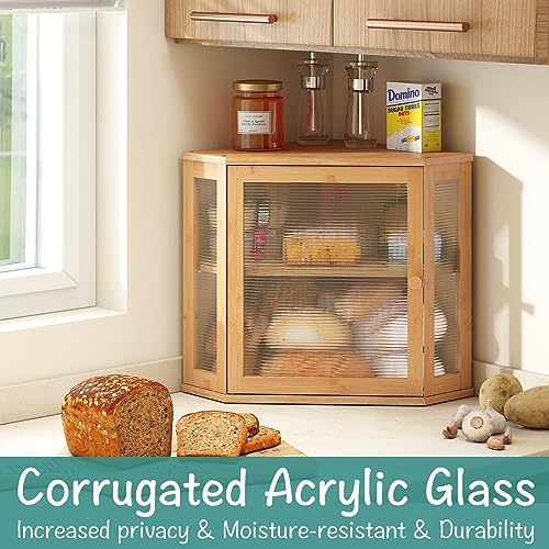 viewcare Corner Bread Box for Kitchen Counter, Bamboo Wood Large Capacity Bread Storage Bin with Acrylic Wavy Door Panel (Natural, Meduim) - Image 3