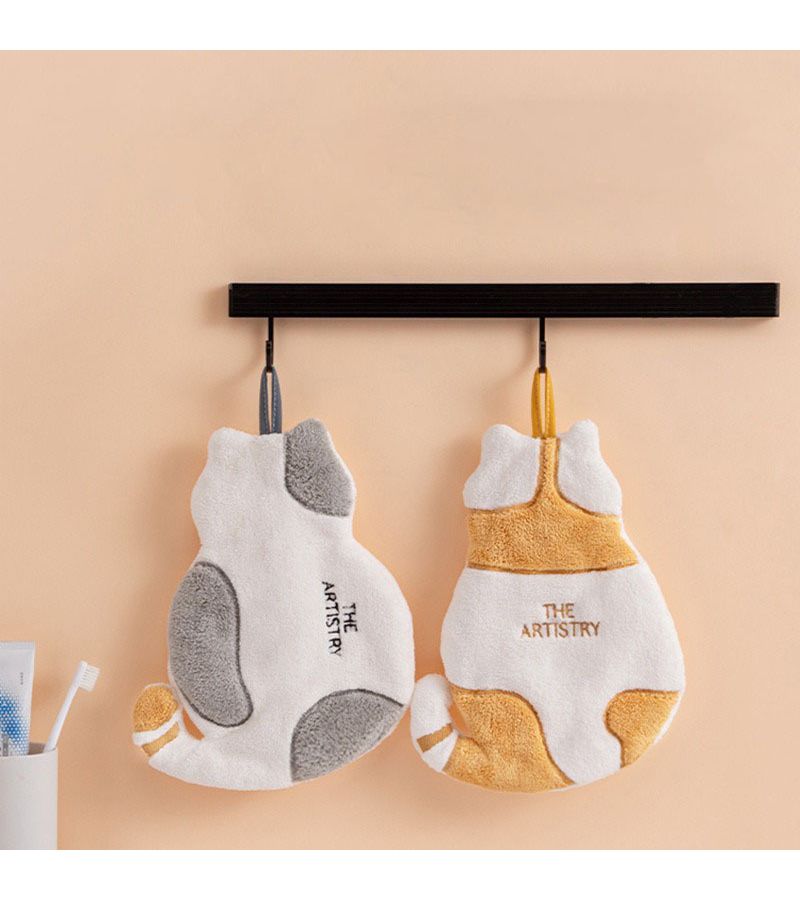 Grey Coral Fleece Hand Towel Super Absorbent Kitchen Washcloth Cute Hanging Cat Design - Image 5