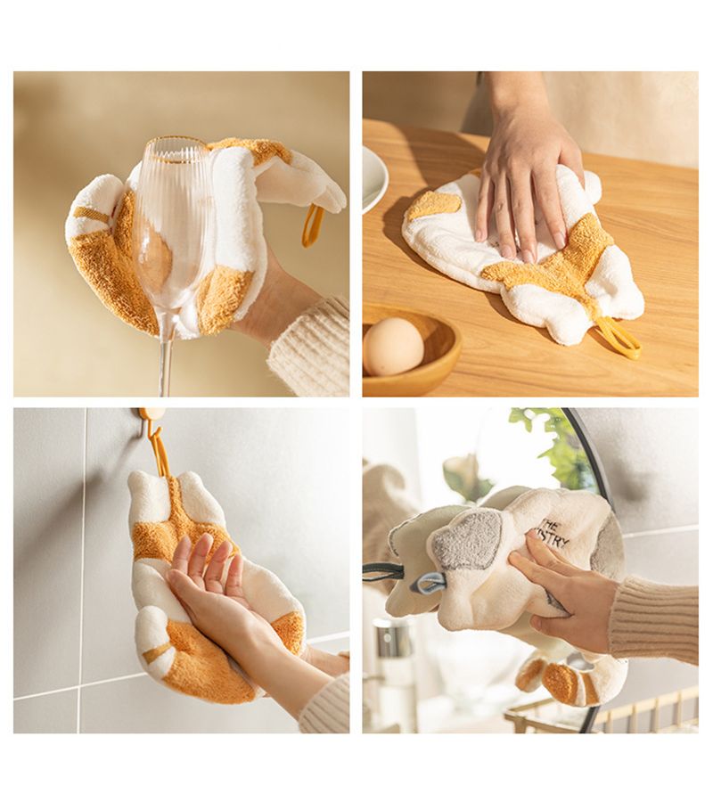 Grey Coral Fleece Hand Towel Super Absorbent Kitchen Washcloth Cute Hanging Cat Design - Image 2