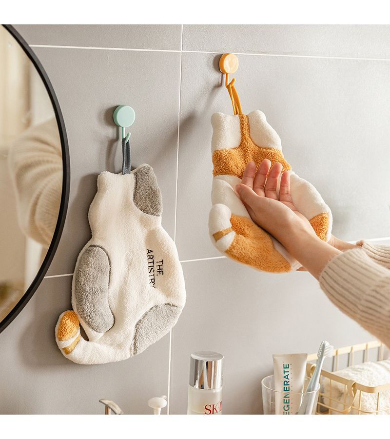 Grey Coral Fleece Hand Towel Super Absorbent Kitchen Washcloth Cute Hanging Cat Design - Image 1