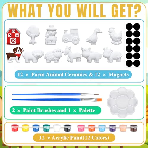 Sinmoe 12 Sets Farm Animals Arts and Crafts Set Paint Your Own Ceramic Figurines Painting Kit Unpainted DIY Ceramic Figurines with 12 Magnet 2 Brushes and 1 Palette Painting Kit for Adults - Image 3