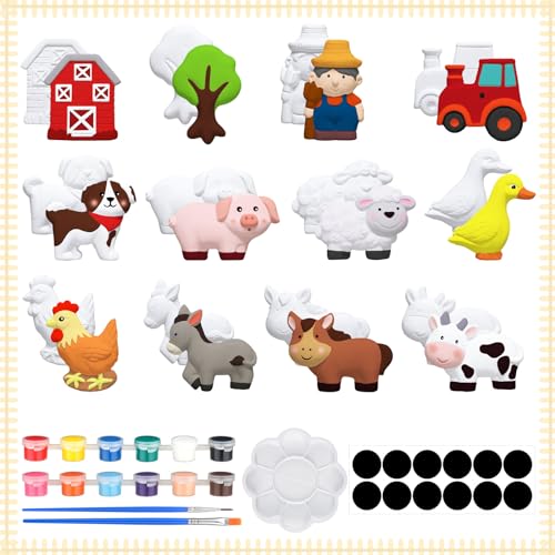 Sinmoe 12 Sets Farm Animals Arts and Crafts Set Paint Your Own Ceramic Figurines Painting Kit Unpainted DIY Ceramic Figurines with 12 Magnet 2 Brushes and 1 Palette Painting Kit for Adults - Image 1
