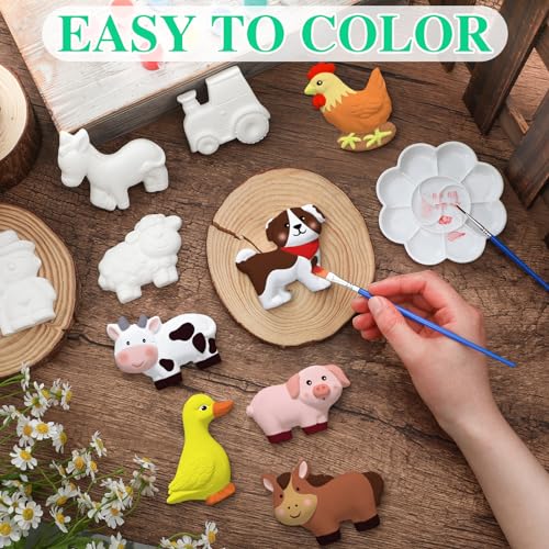 Sinmoe 12 Sets Farm Animals Arts and Crafts Set Paint Your Own Ceramic Figurines Painting Kit Unpainted DIY Ceramic Figurines with 12 Magnet 2 Brushes and 1 Palette Painting Kit for Adults - Image 5