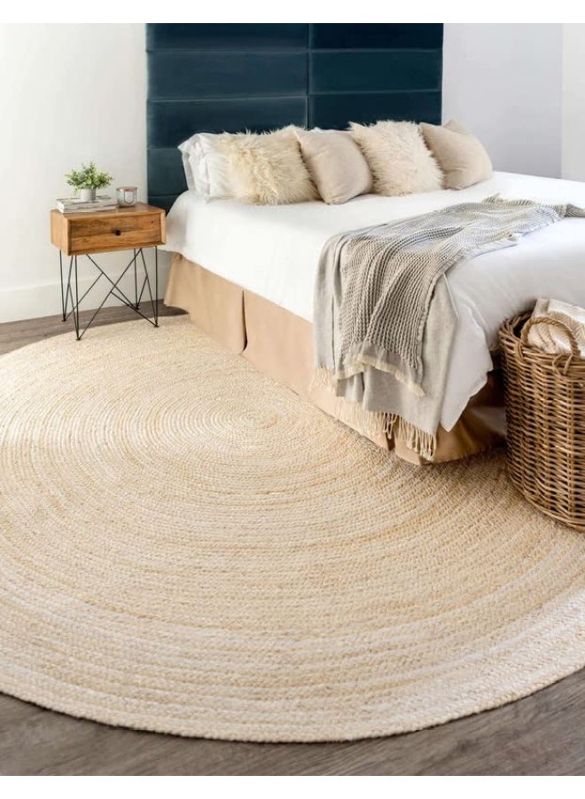 HANDPICKED FURNITURE Jute Wool And Cotton White Round Carpet Ultra Soft Area Carpets For Bed Room Living Room And Dining Room Anti-Slip Floor Carpets Easy To Clean Made In Turkey 120X120Cm - Image 1