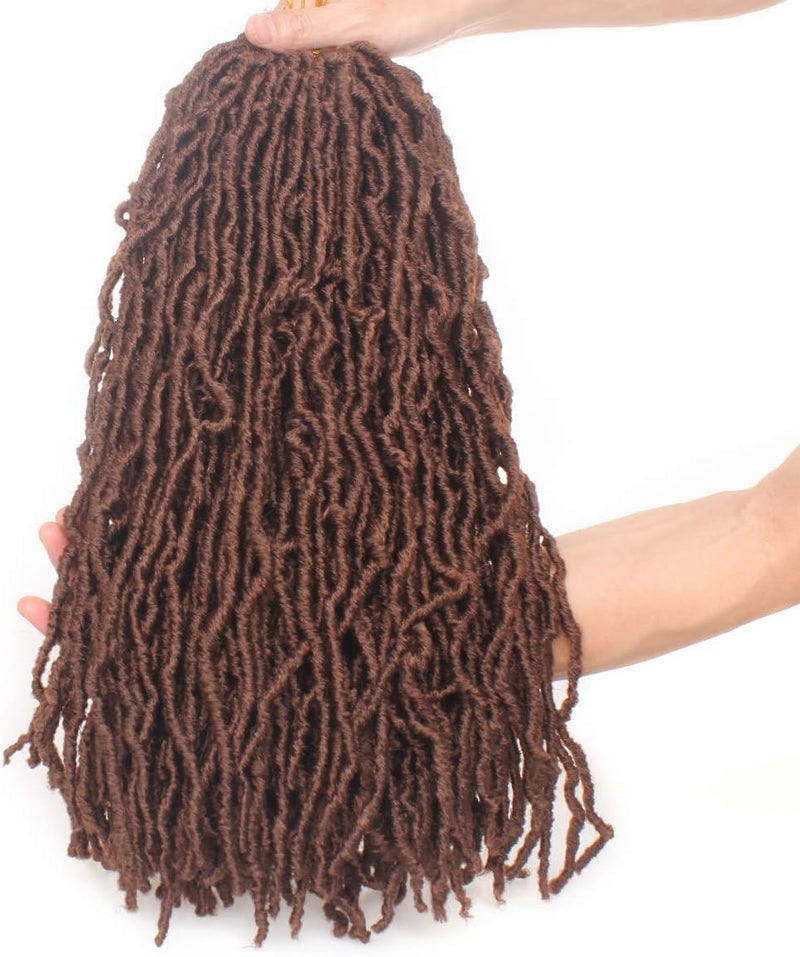 Leeven 18 Inch 7 Packs Synthetic Brown Soft Locs Crochet Hair 126 Roots Pre-looped Messy Faux Locs Crochet Braids Hair For Women Curly Wavy Goddess Locs Afro Roots Hair Extensions 30# - Image 2