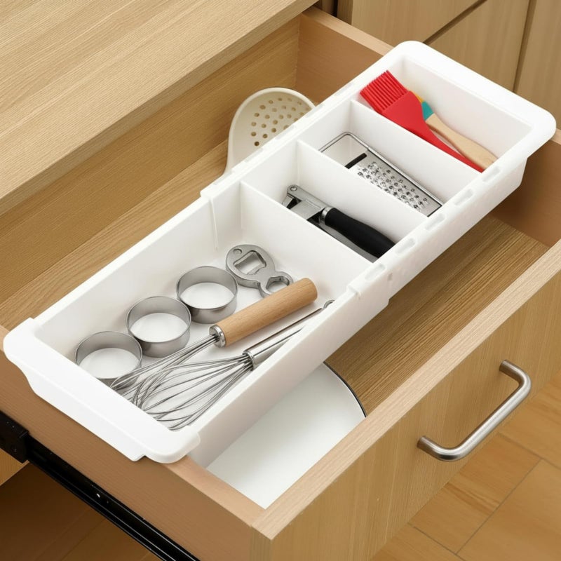 Enhon Expandable Sliding Drawer Organizer for Kitchen Drawers, Deep Drawer Organizer Tray with Adjustable Dividers, Sliding Kitchen Drawers Tray for Utensils, Silverware & Accessories, 11.4â€â€“18â€,White - Image 1